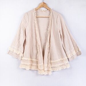 Ryu Women Cardigan Topper Small Beige Boho Pom Pom Lace Fringe Stripe Open Front